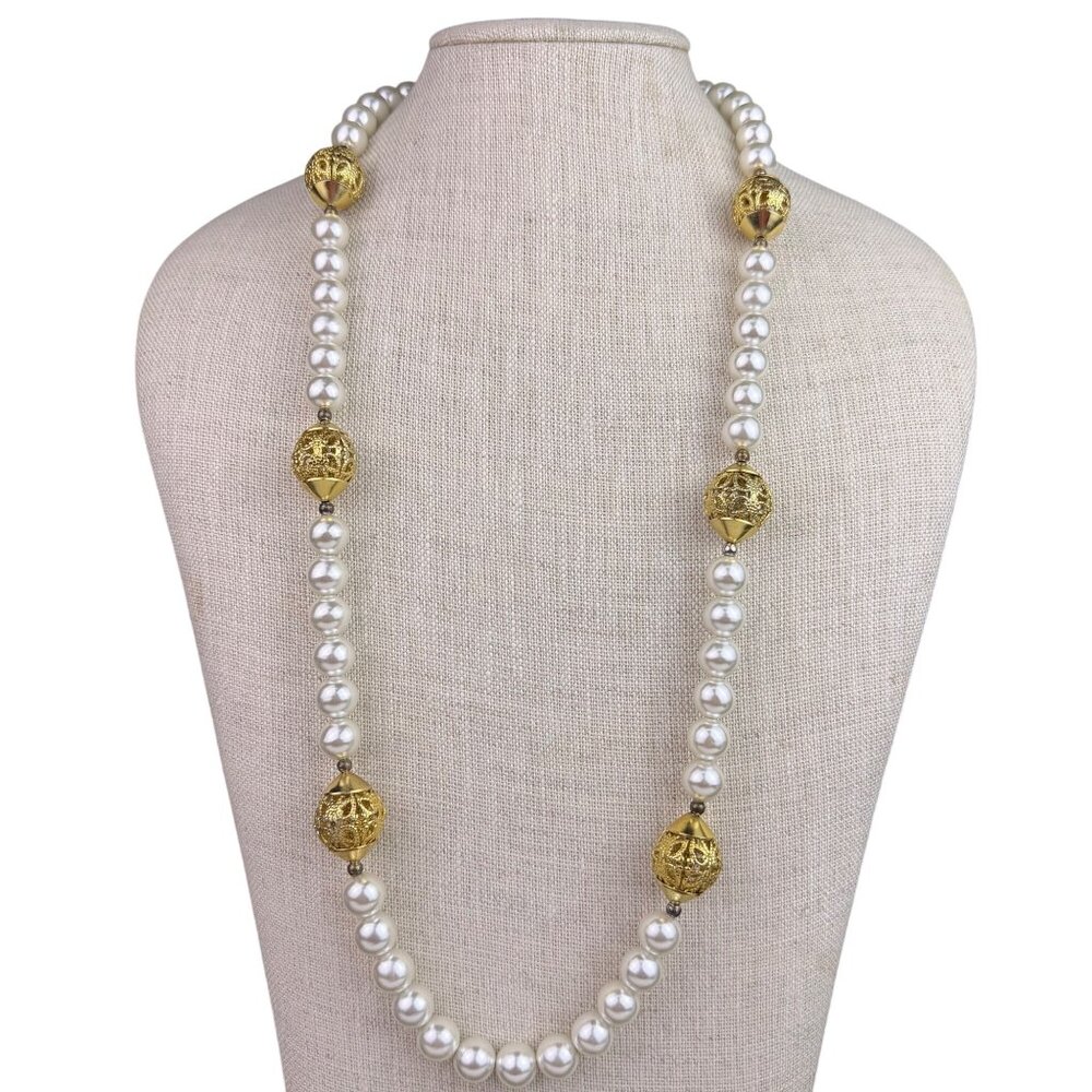 Long Faux Pearl Womens Necklace Gold-Tone Filigree Beads Box Clasp
